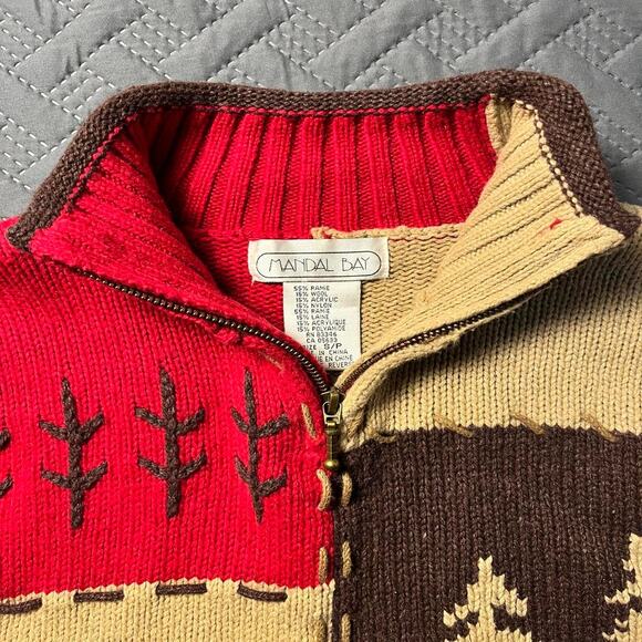 VTG 90's Grandma Chic 1/4 Zip Sweater Cottage Trees Wool Ramie Red Brown Small - Picture 2 of 6